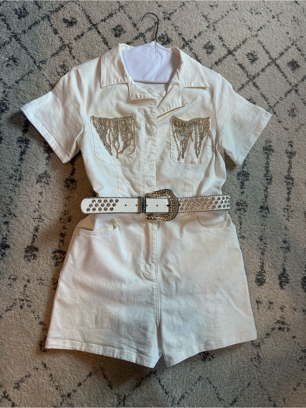 Western white romper with rhinestones